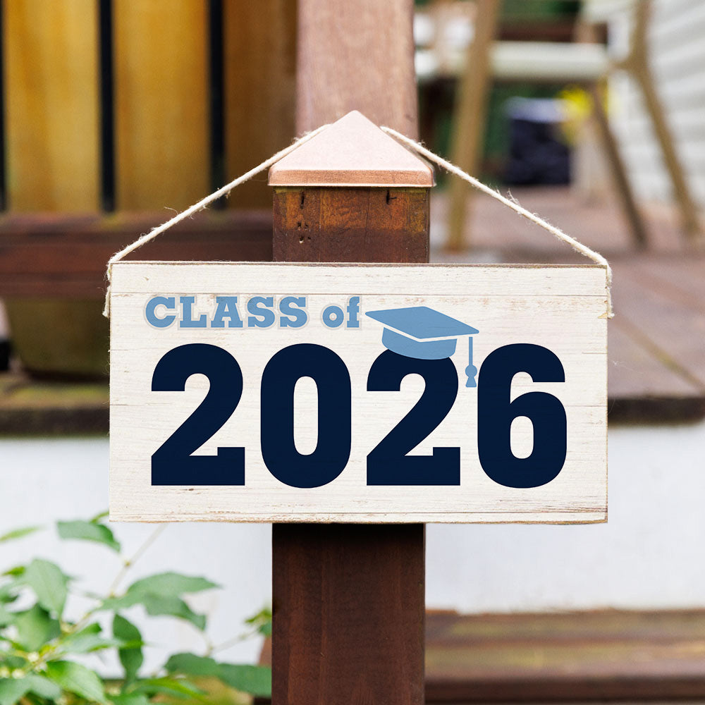 Wooden sign with 'Class of 2026' on a post outdoors Available at Be Charmed