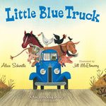 Book cover of 'Little Blue Truck' with animals on a blue truck against a yellow background. Available at Be Charmed