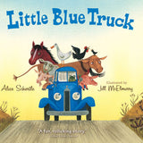 Book cover of 'Little Blue Truck' with animals on a blue truck against a yellow background. Available at Be Charmed