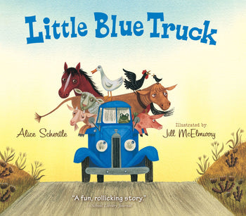 Book cover of 'Little Blue Truck' with animals on a blue truck against a yellow background. Available at Be Charmed