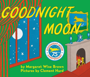 Cover of 'Goodnight Moon' book with a window, moon, and fireplace illustration. Available at Be Charmed