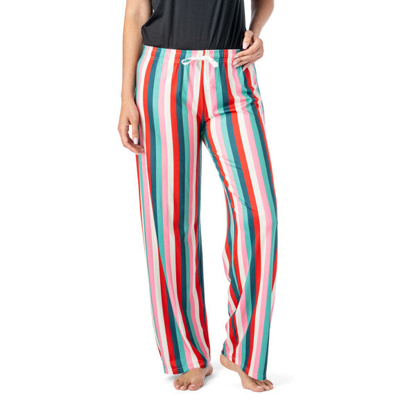 Multicolored striped pants worn by a person on a white background. Available at Be Charmed