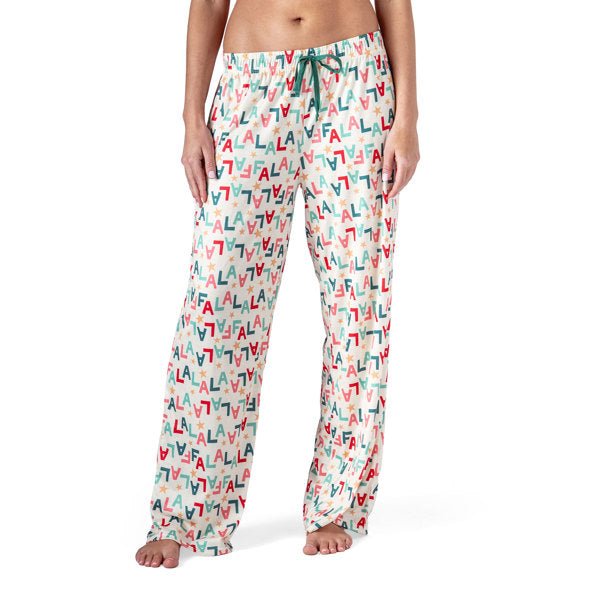 White pants with 'falalala' on a white background. Available at Be Charmed