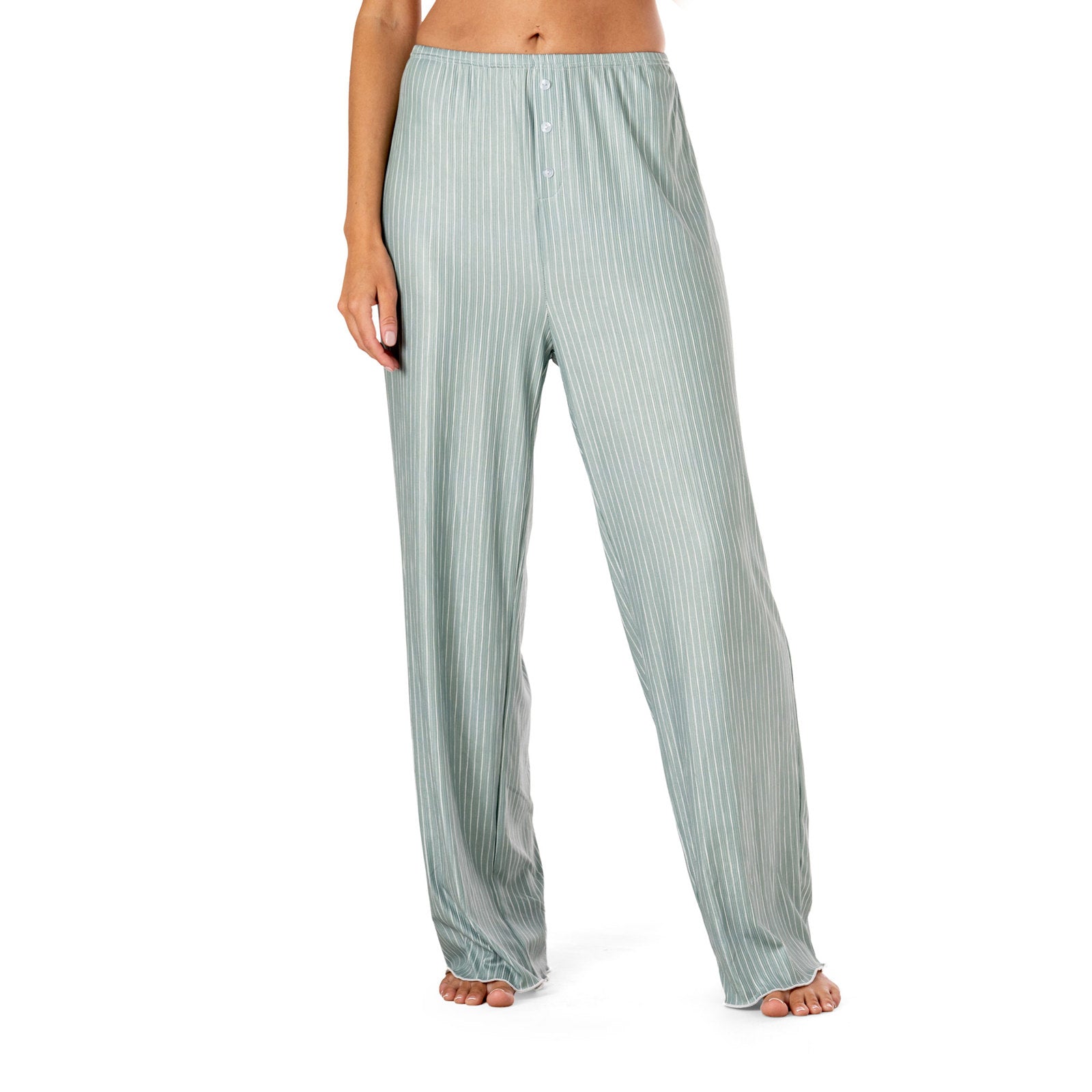 Light blue striped pajama pants on a white background. Available at Be Charmed