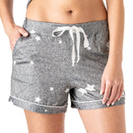 Gray shorts with star patterns and a white drawstring on a white background. Available at Be Charmed