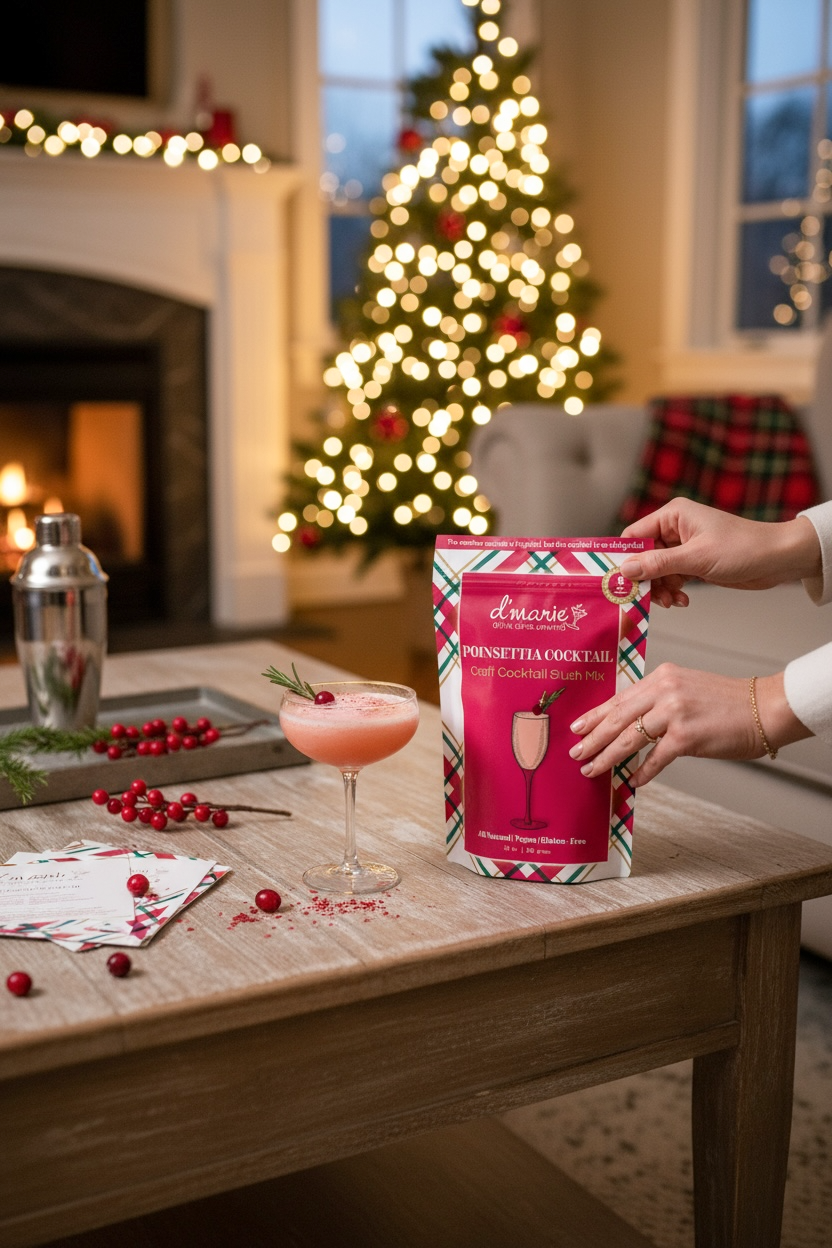 Holiday picture with D’marie Craft Cocktail Slush Mix – Poinsettia flavor, perfect for festive cocktails, parties, or gifting, available at Be Charmed.