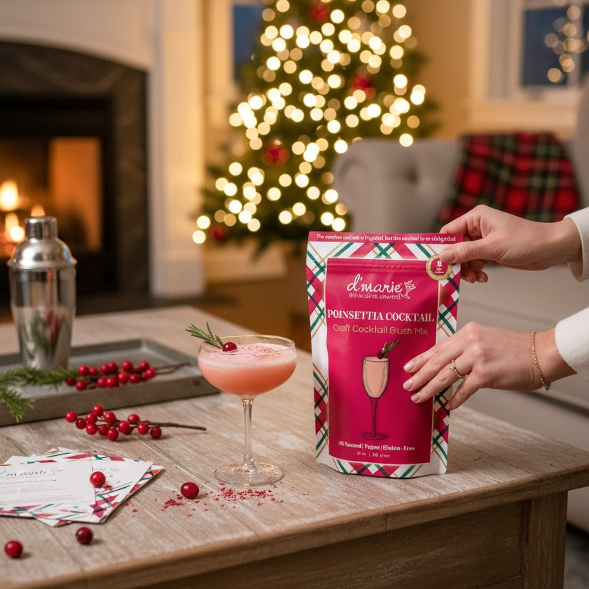 Holiday picture with D’marie Craft Cocktail Slush Mix – Poinsettia flavor, perfect for festive cocktails, parties, or gifting, available at Be Charmed.