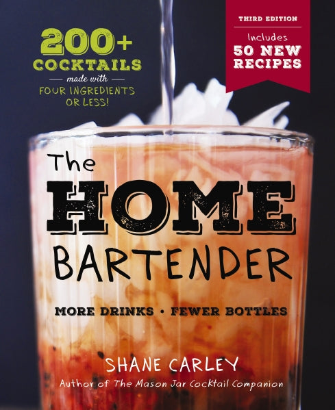 Book cover of 'The Home Bartender' with a cocktail image and text about cocktails made with four ingredients or less. Available at Be Charmed