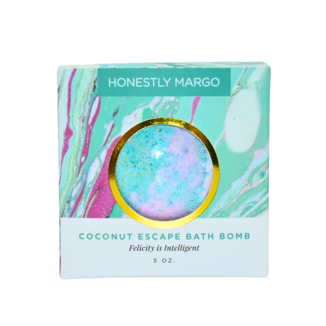 Coconut escape bath bomb packaging with 'Honestly Margo' branding on a white background. Available at Be Charmed