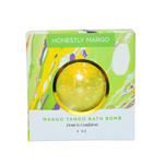 Mango Tango bath bomb packaging with 'Honestly Margo' branding on a white background. Available at Be Charmed