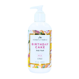 Body wash bottle labeled 'Birthday Cake' by Honestly Margo on a white background. Available at Be Charmed