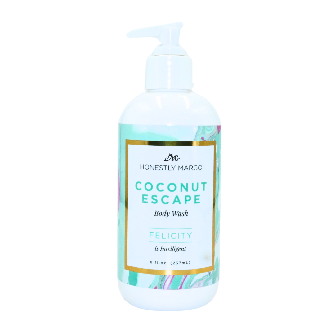 Coconut Escape body wash bottle with a colorful label on a white background. Available at Be Charmed