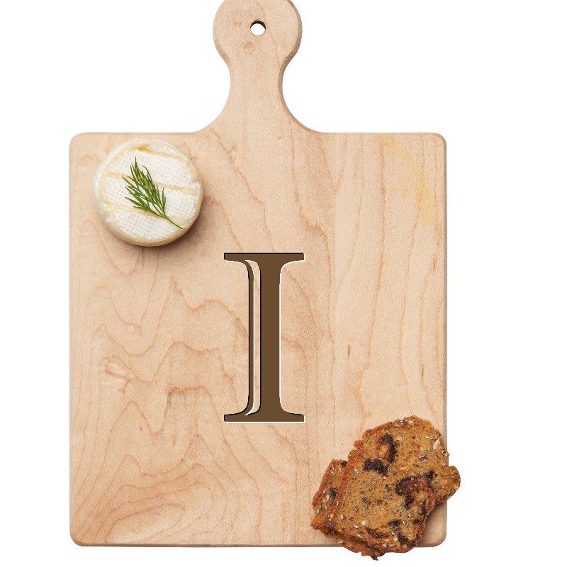 Maple Leaf 9x6 Initial Board I with Spreader. Personalized wooden serving board with monogram design. Perfect gift. Available at Be Charmed.