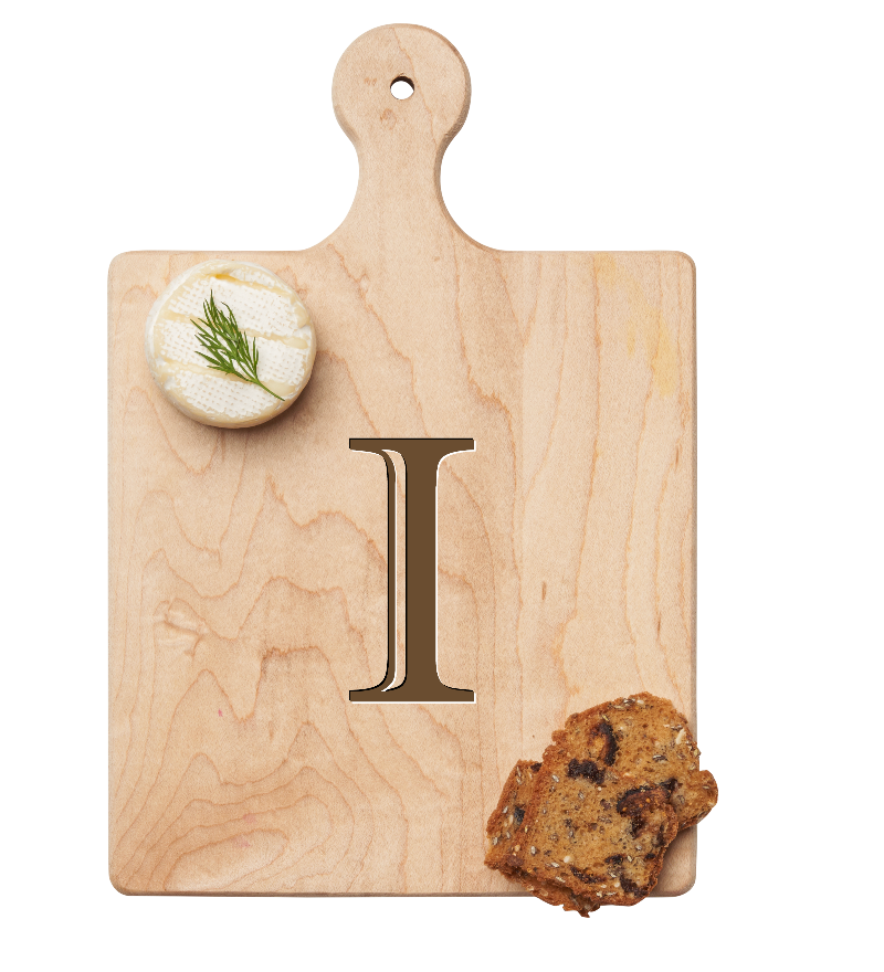 Maple Leaf 9x6 Initial Board I with Spreader. Personalized wooden serving board with monogram design. Perfect gift. Available at Be Charmed.