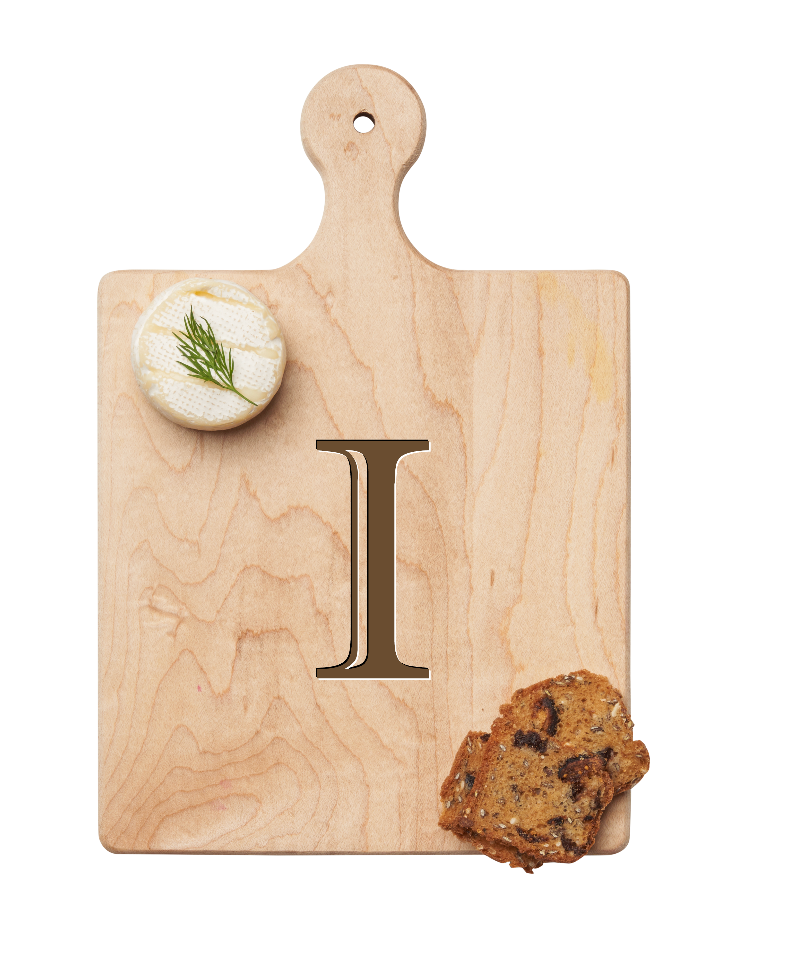 Maple Leaf 9x6 Initial Board I with Spreader. Personalized wooden serving board with monogram design. Perfect gift. Available at Be Charmed.