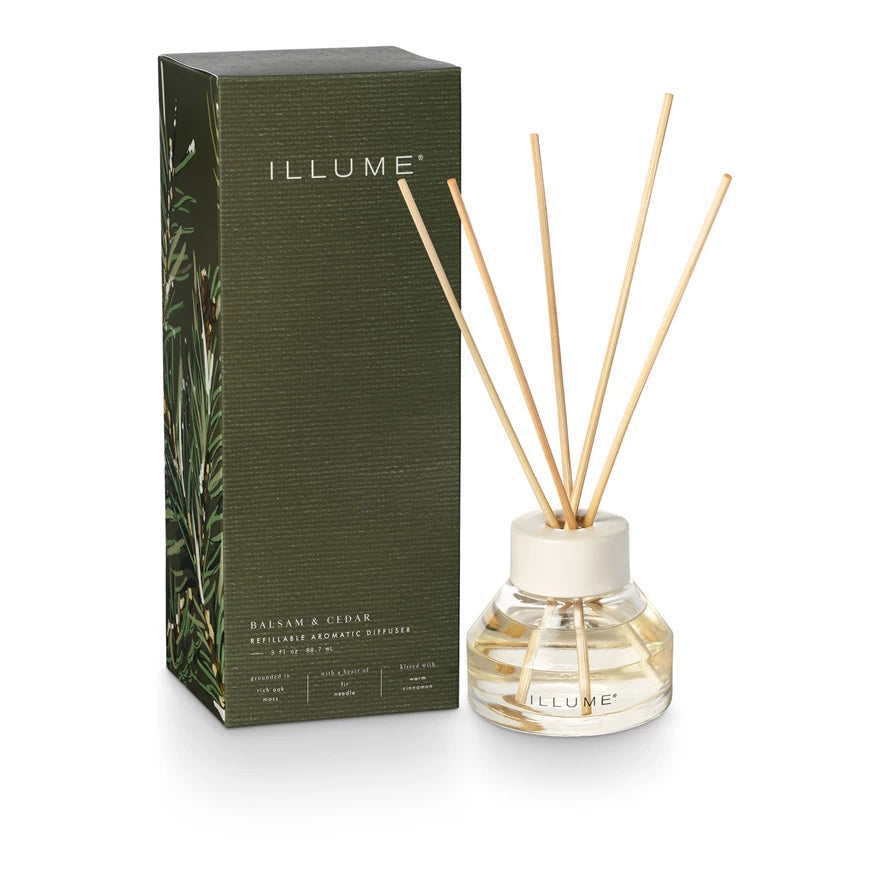 ILLUME reed diffuser with packaging on a white background. Available at Be Charmed