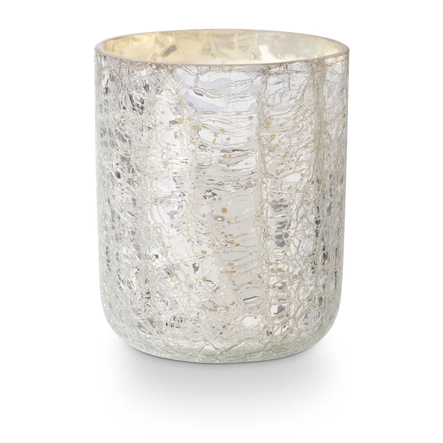 Silver textured candle holder on a white background. Available at Be Charmed