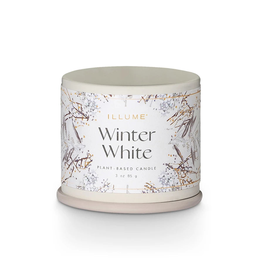 Candle with 'Winter White' label on a white background. Available at Be Charmed