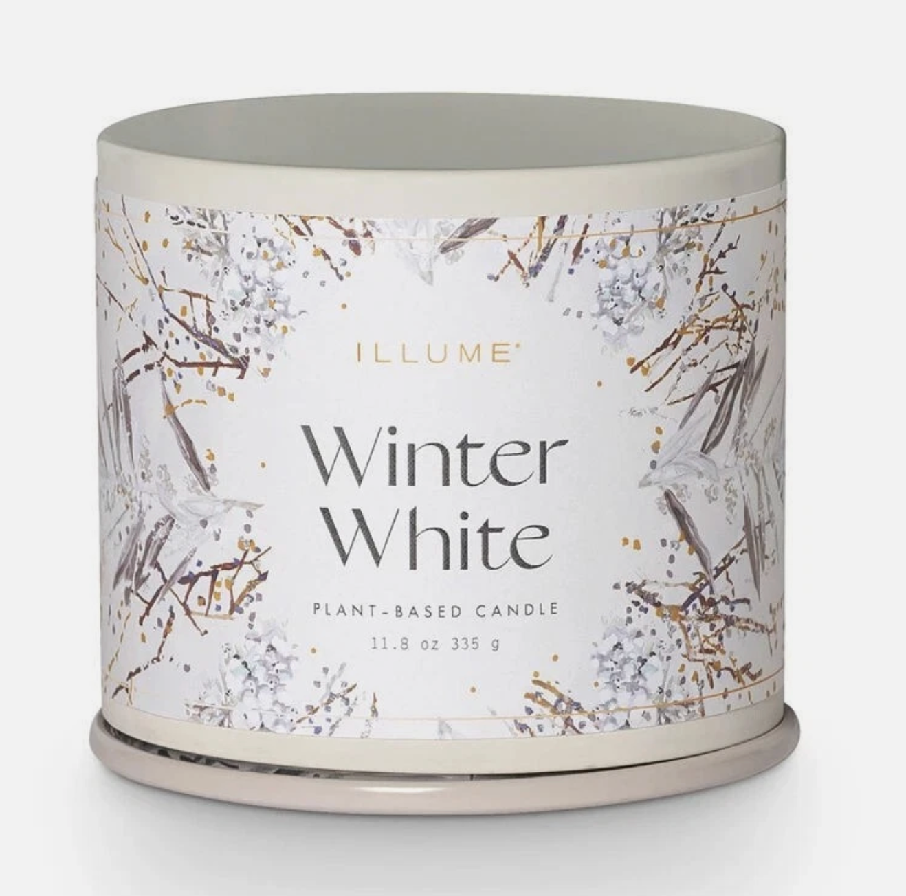 Candle with 'Winter White' label on a white background. Available at Be Charmed