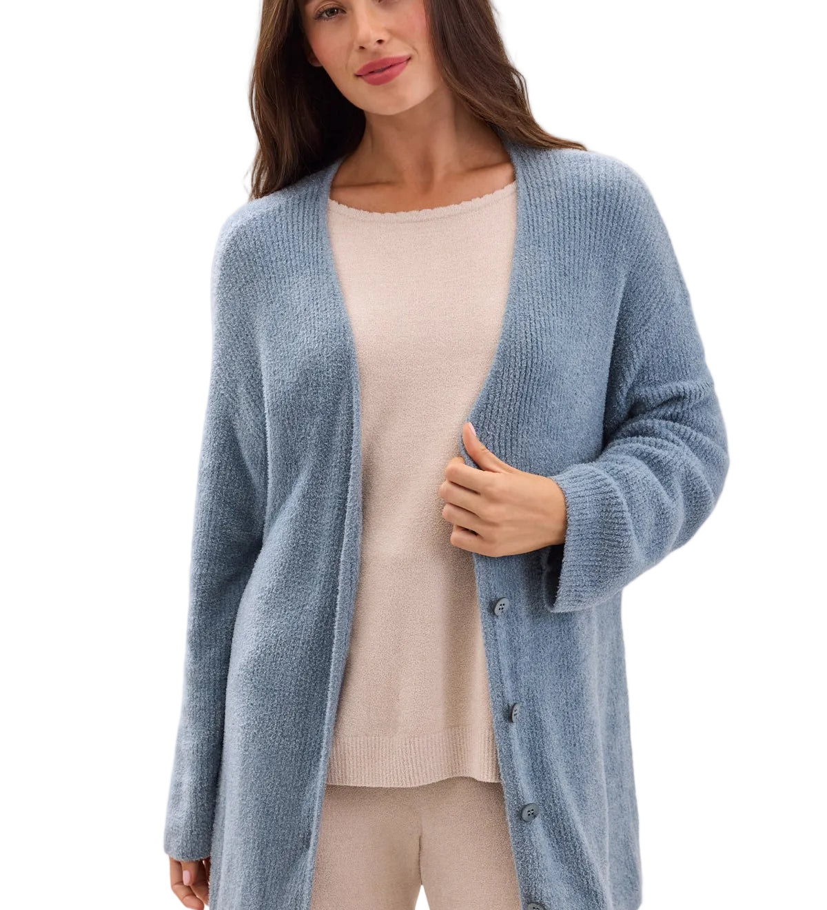 Barefoot Dreams CCL Thin Rib Button Front Cardigan in blue aura featuring a cozy button-front design available at Be Charmed