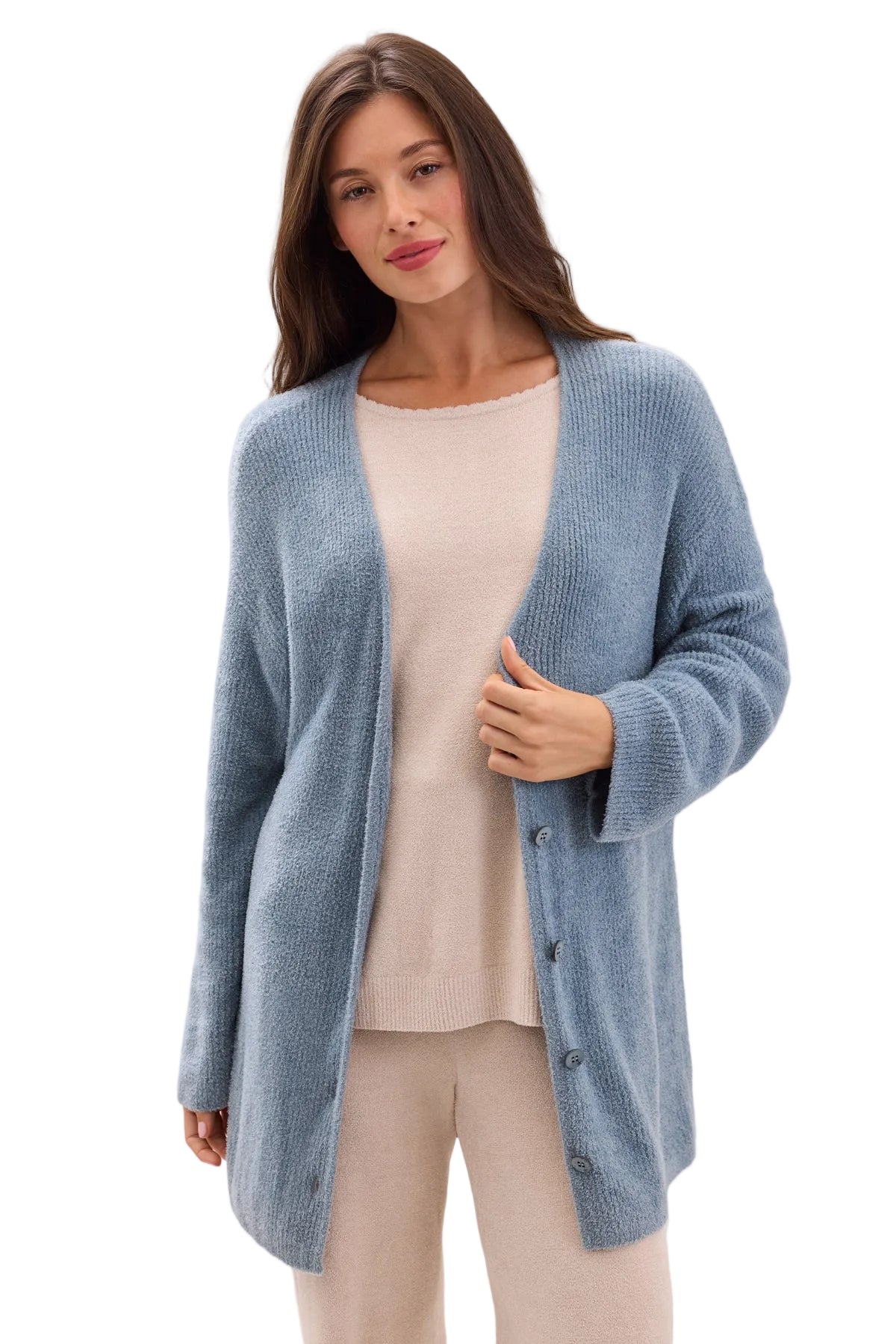 Barefoot Dreams CCL Thin Rib Button Front Cardigan in blue aura featuring a cozy button-front design available at Be Charmed