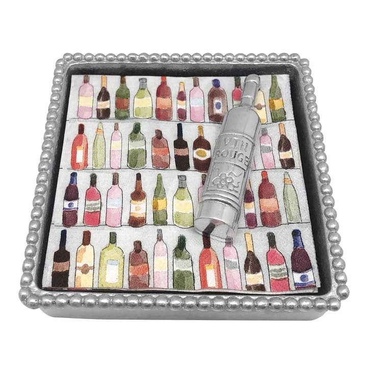 Mariposa Beaded Napkin Box Wine Bottle featuring a handcrafted recycled aluminum napkin holder with a wine bottle motif available at Be Charmed