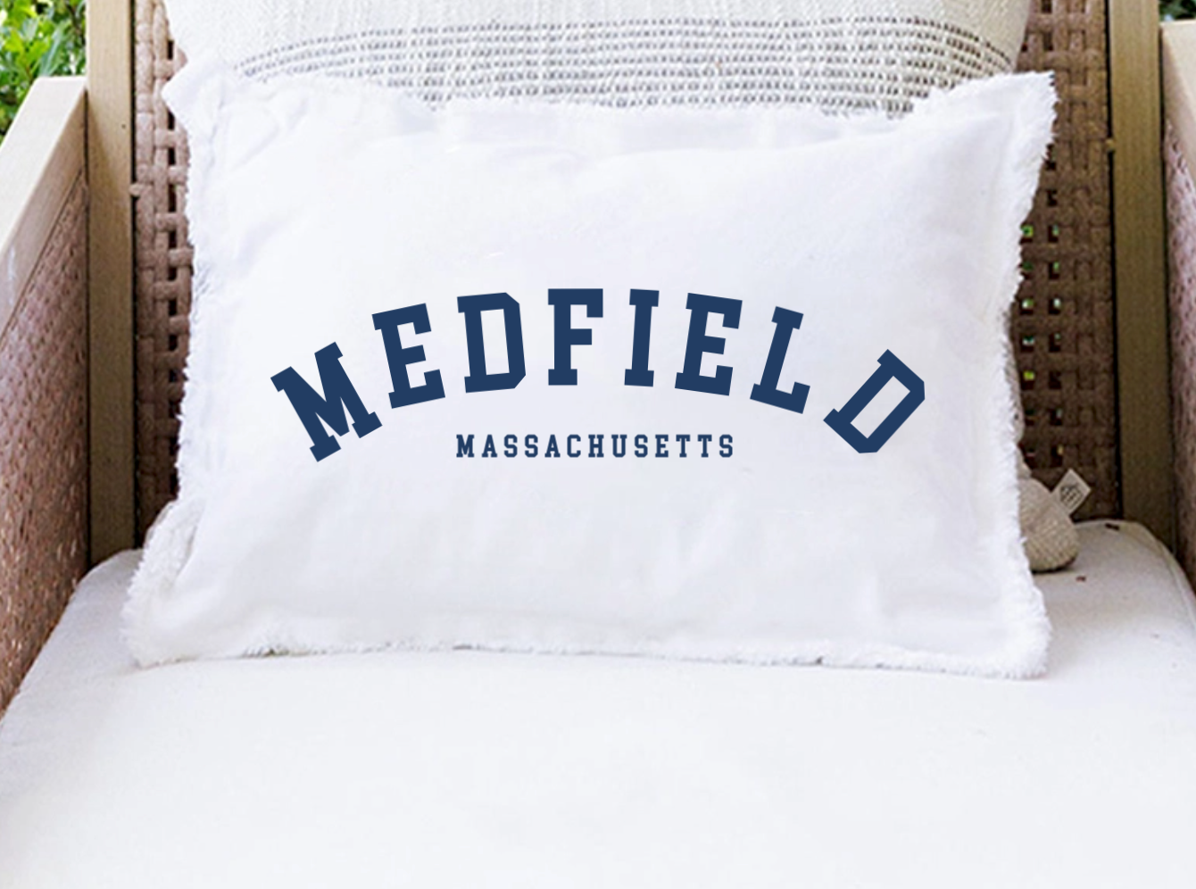 Rustic Marlin 12 x 18 pillow in varsity blue featuring a decorative collegiate-style design available at Be Charmed