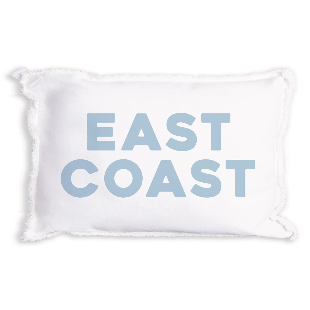 A Rustic Marlin white rectangular throw pillow with frayed edges and the words 'EAST COAST' printed in large, light blue block letters on the front, set against a plain white background. Available at Be Charmed