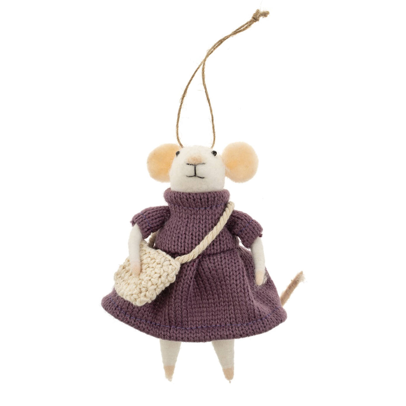 Craft Fair Carla Mouse felt ornament holding handmade crafts, wearing a bag, Ideal for crafters and holiday decorating. Available at Be Charmed.