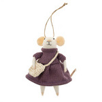 Craft Fair Carla Mouse felt ornament holding handmade crafts, wearing a bag, Ideal for crafters and holiday decorating. Available at Be Charmed.