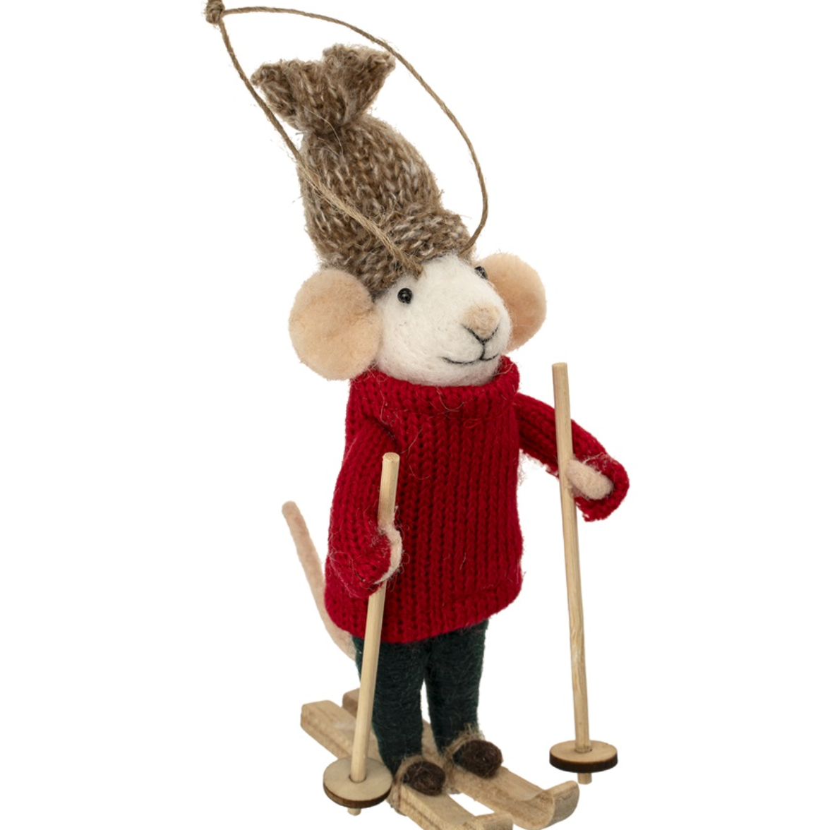 Indaba Downhill Dean Mouse Ornament – felted wool & polyester mouse wearing alpine ski outfit with skis and scarf, approx. 5″ tall. Available at Be Charmed