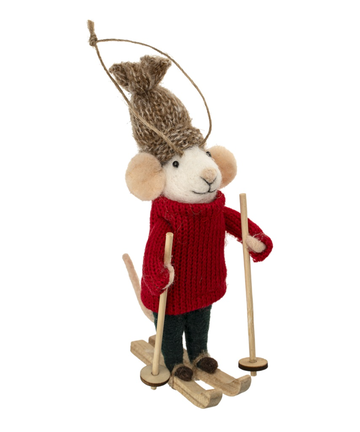 Indaba Downhill Dean Mouse Ornament – felted wool & polyester mouse wearing alpine ski outfit with skis and scarf, approx. 5″ tall. Available at Be Charmed