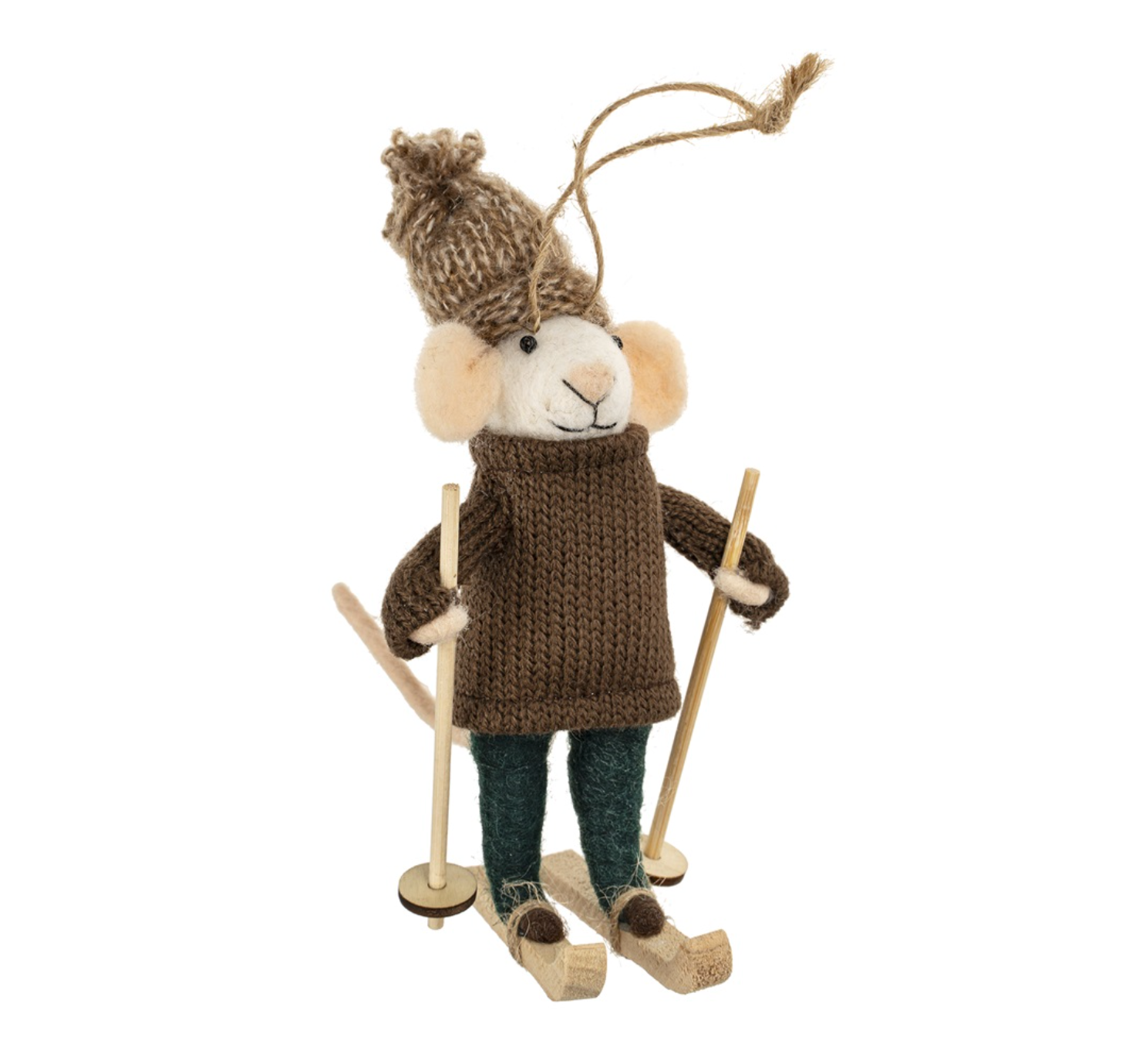 Indaba Downhill Dylan Mouse Ornament – felted wool & polyester mouse wearing alpine ski attire with miniature skis and scarf, approx 5″ tall. Available at Be Charmed