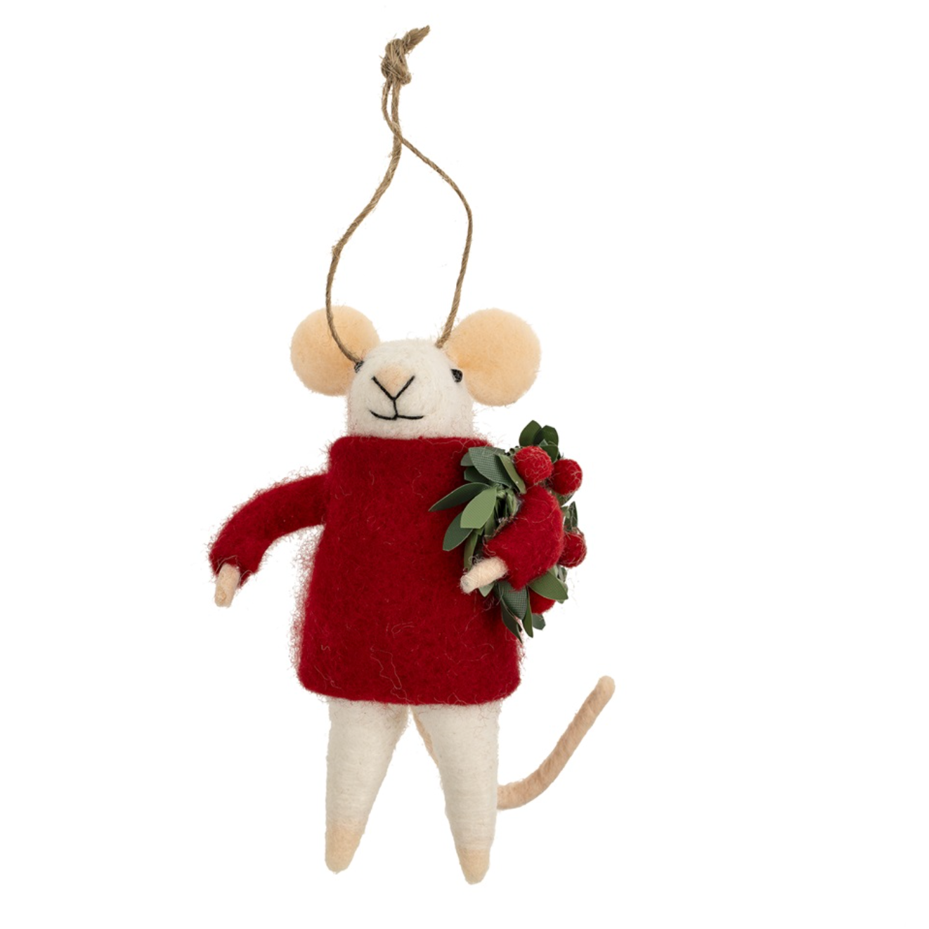 Close-up of the Indaba Festive Felix Fairy Mouse ornament featuring handcrafted soft wool felt, delicate fairy wings, sparkly festive dress, and a flexible wire tail for easy display. Perfect for Christmas tree decorating or gift wrapping. Available at Be Charmed.