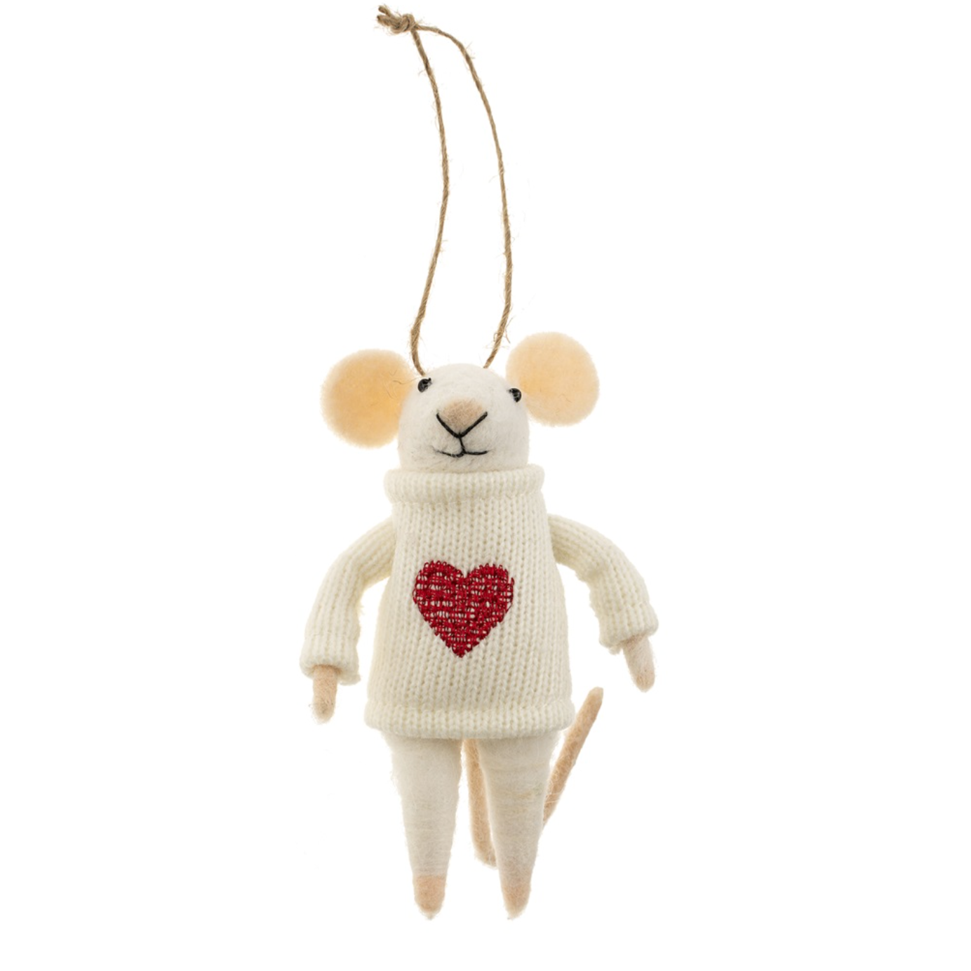 Indaba Happy Heart Mouse felt ornament wearing a red heart, made of soft wool with detailed stitching and wire tail. Ideal holiday decor. Available at Be Charmed.