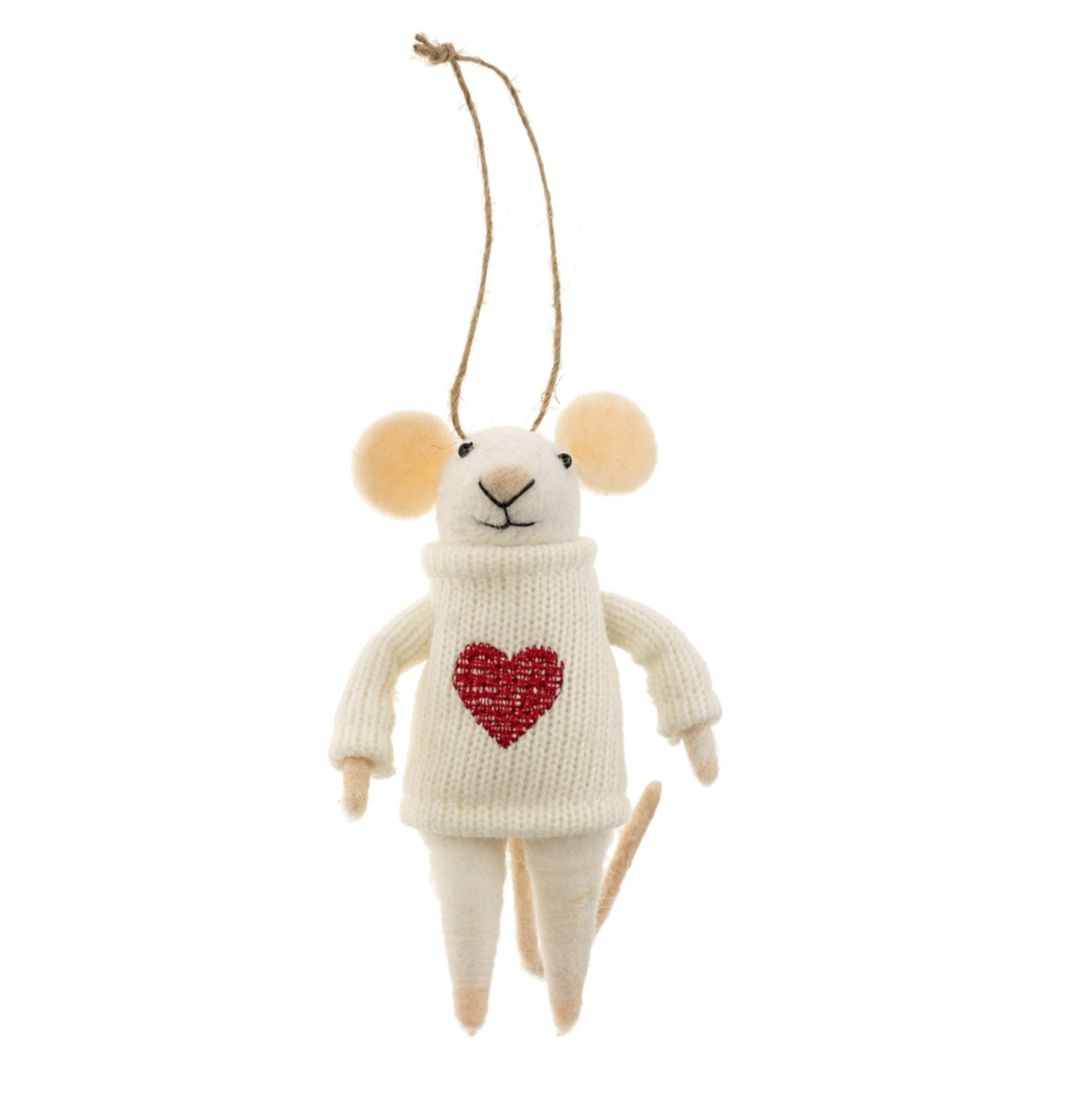 Indaba Happy Heart Mouse felt ornament wearing a red heart, made of soft wool with detailed stitching and wire tail. Ideal holiday decor. Available at Be Charmed.