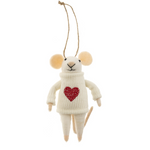Indaba Happy Heart Mouse felt ornament wearing a red heart, made of soft wool with detailed stitching and wire tail. Ideal holiday decor. Available at Be Charmed.