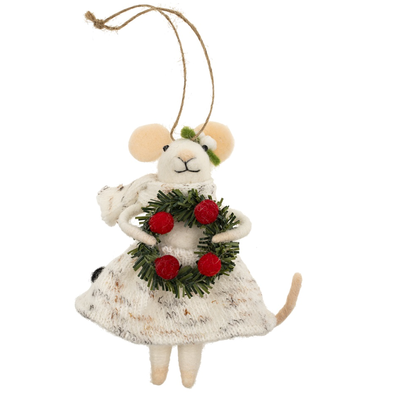Indaba Jolly Julia Mouse Ornament – felted wool & polyester mouse wearing ice skates, striped stocking cap and plaid scarf. Approx. 5″ tall. Available at Be Charmed