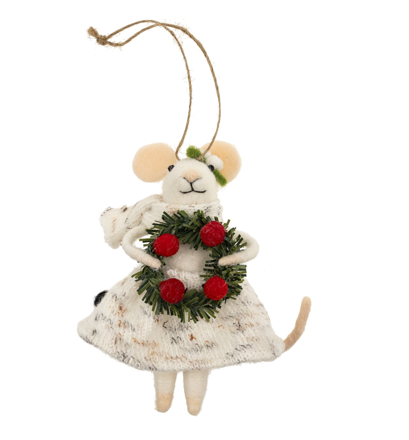 Indaba Jolly Julia Mouse Ornament – felted wool & polyester mouse wearing ice skates, striped stocking cap and plaid scarf. Approx. 5″ tall. Available at Be Charmed
