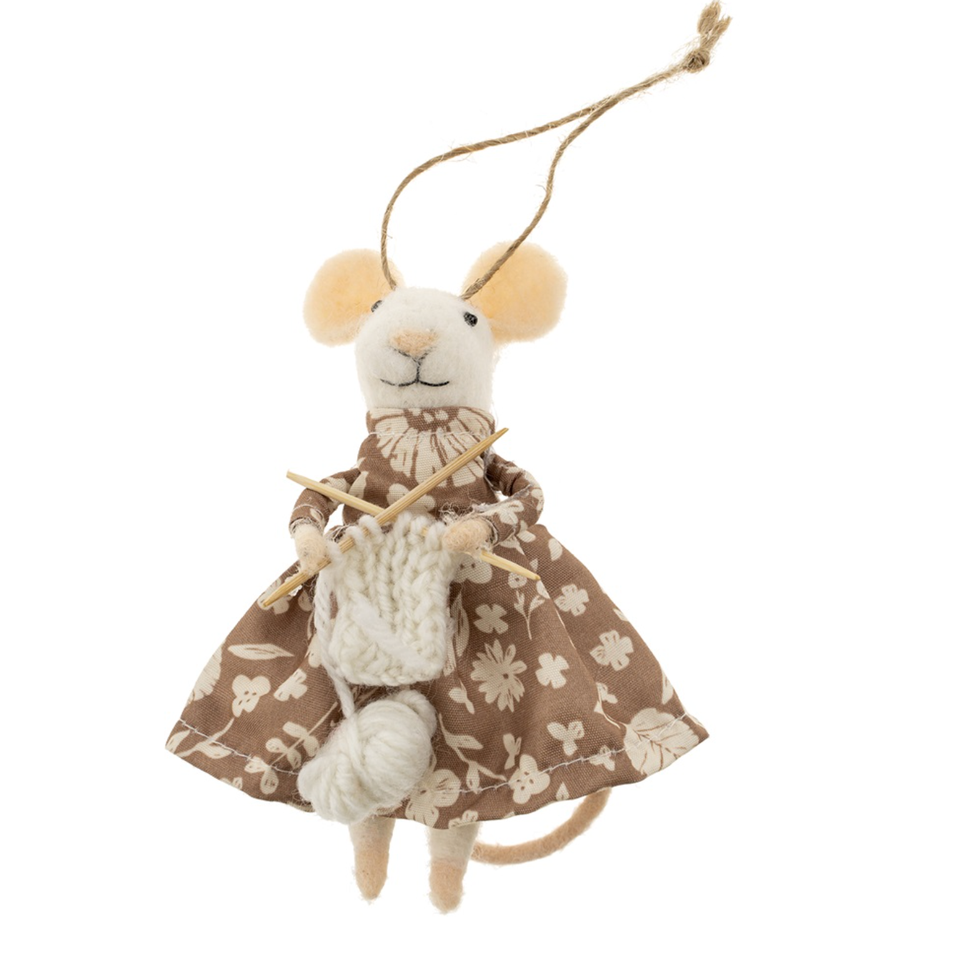 Indaba Knitting Nora Mouse ornament handcrafted in soft wool felt, holding tiny knitting needles and yarn ball, wearing a cozy outfit. Perfect for holiday decor and crafters. Available at Be Charmed.
