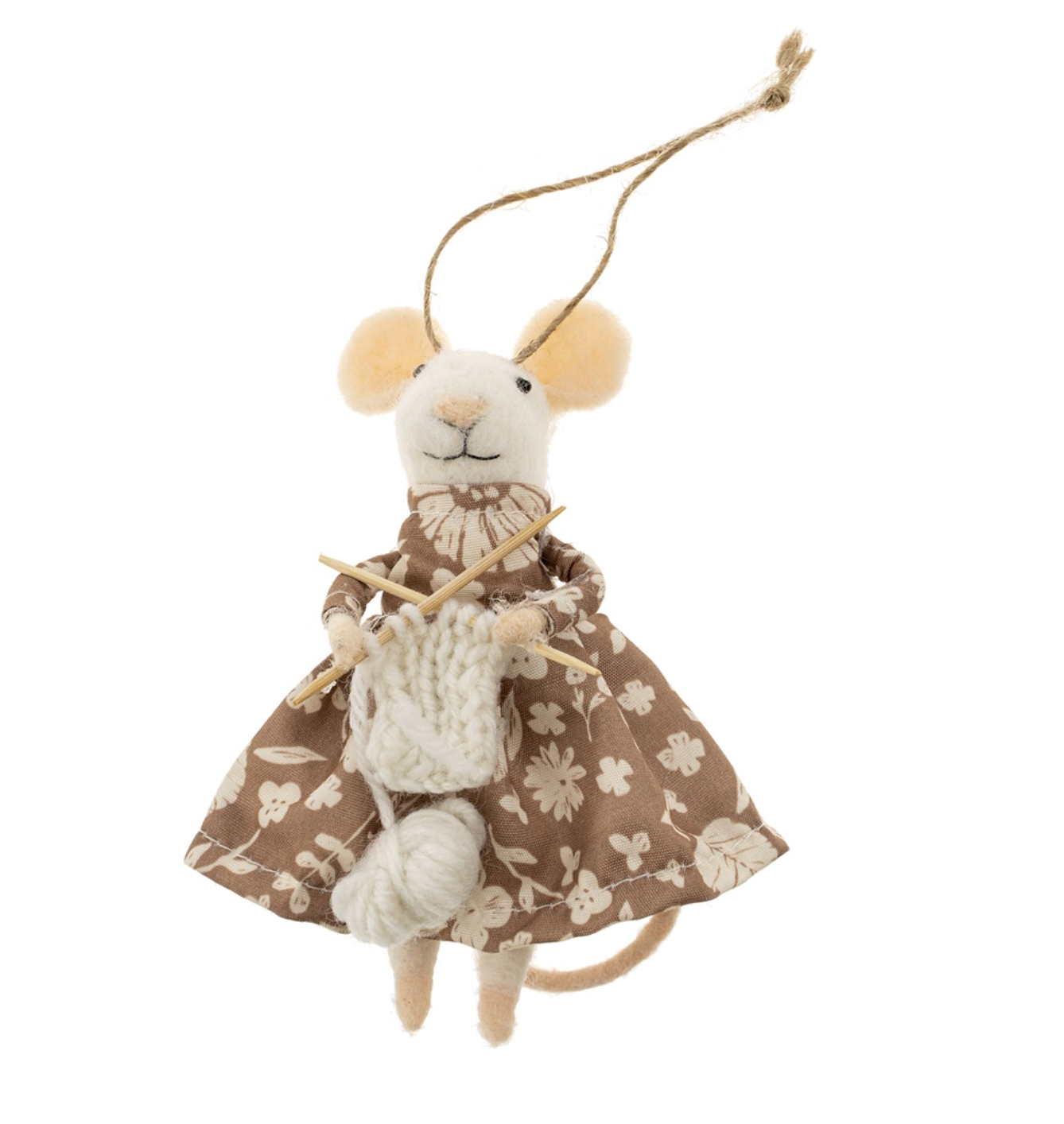 Indaba Knitting Nora Mouse ornament handcrafted in soft wool felt, holding tiny knitting needles and yarn ball, wearing a cozy outfit. Perfect for holiday decor and crafters. Available at Be Charmed.