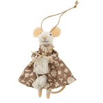Indaba Knitting Nora Mouse ornament handcrafted in soft wool felt, holding tiny knitting needles and yarn ball, wearing a cozy outfit. Perfect for holiday decor and crafters. Available at Be Charmed.