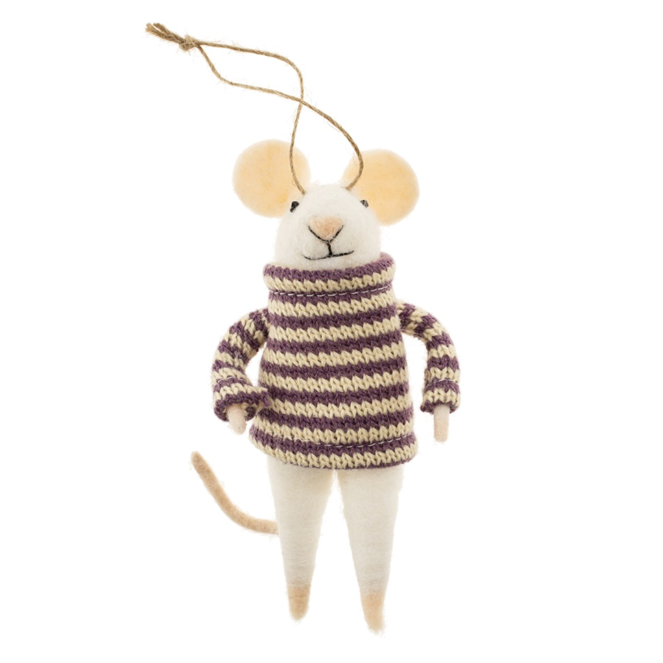 Handcrafted Indaba Nellie Mouse felt ornament wearing festive attire, soft wool felt with wire tail. Perfect Christmas decor. Available at Be Charmed.