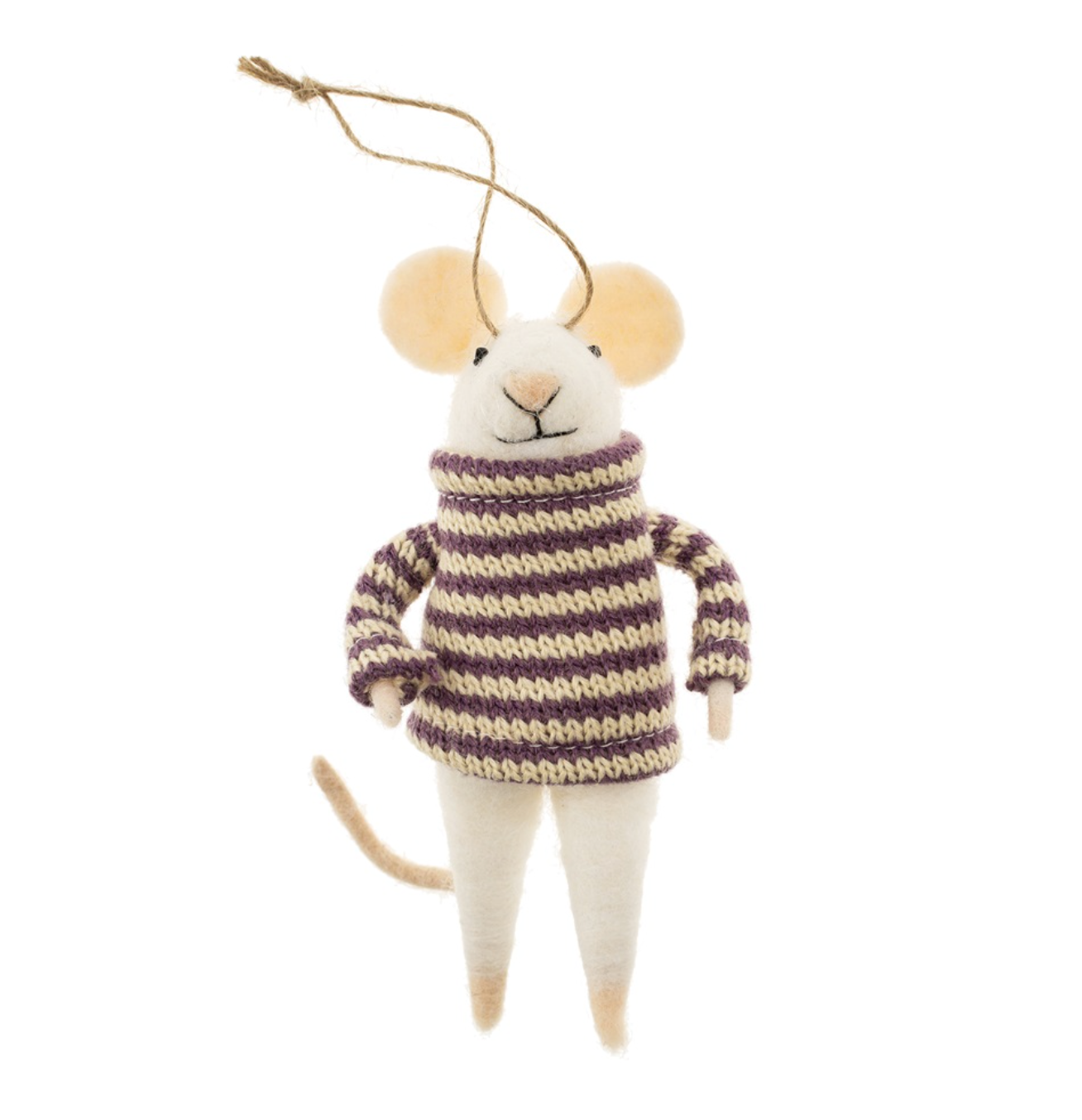 Handcrafted Indaba Nellie Mouse felt ornament wearing festive attire, soft wool felt with wire tail. Perfect Christmas decor. Available at Be Charmed.
