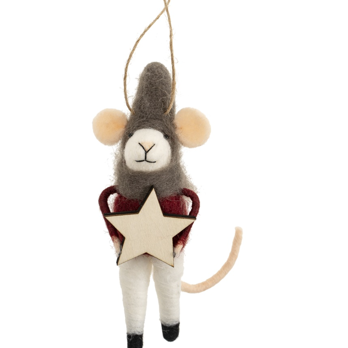 Indaba North Star Nicholas Mouse Ornament – felted wool & polyester mouse wearing star‑pattern coat and hat, approx 5″ tall, hangs by wire tail. Available at Be Charmed