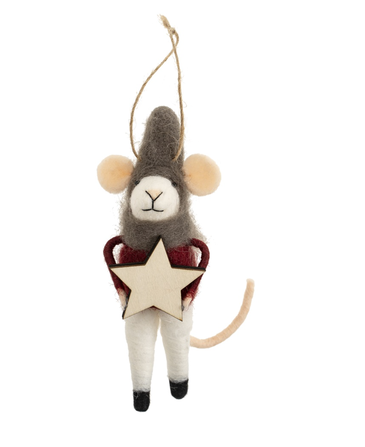 Indaba North Star Nicholas Mouse Ornament – felted wool & polyester mouse wearing star‑pattern coat and hat, approx 5″ tall, hangs by wire tail. Available at Be Charmed