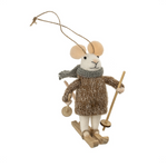 Indaba Off‑Piste Octavia Mouse Ornament – felted wool & polyester mouse wearing alpine ski outfit with skis, approximate 5″ tall. Available at Be Charmed