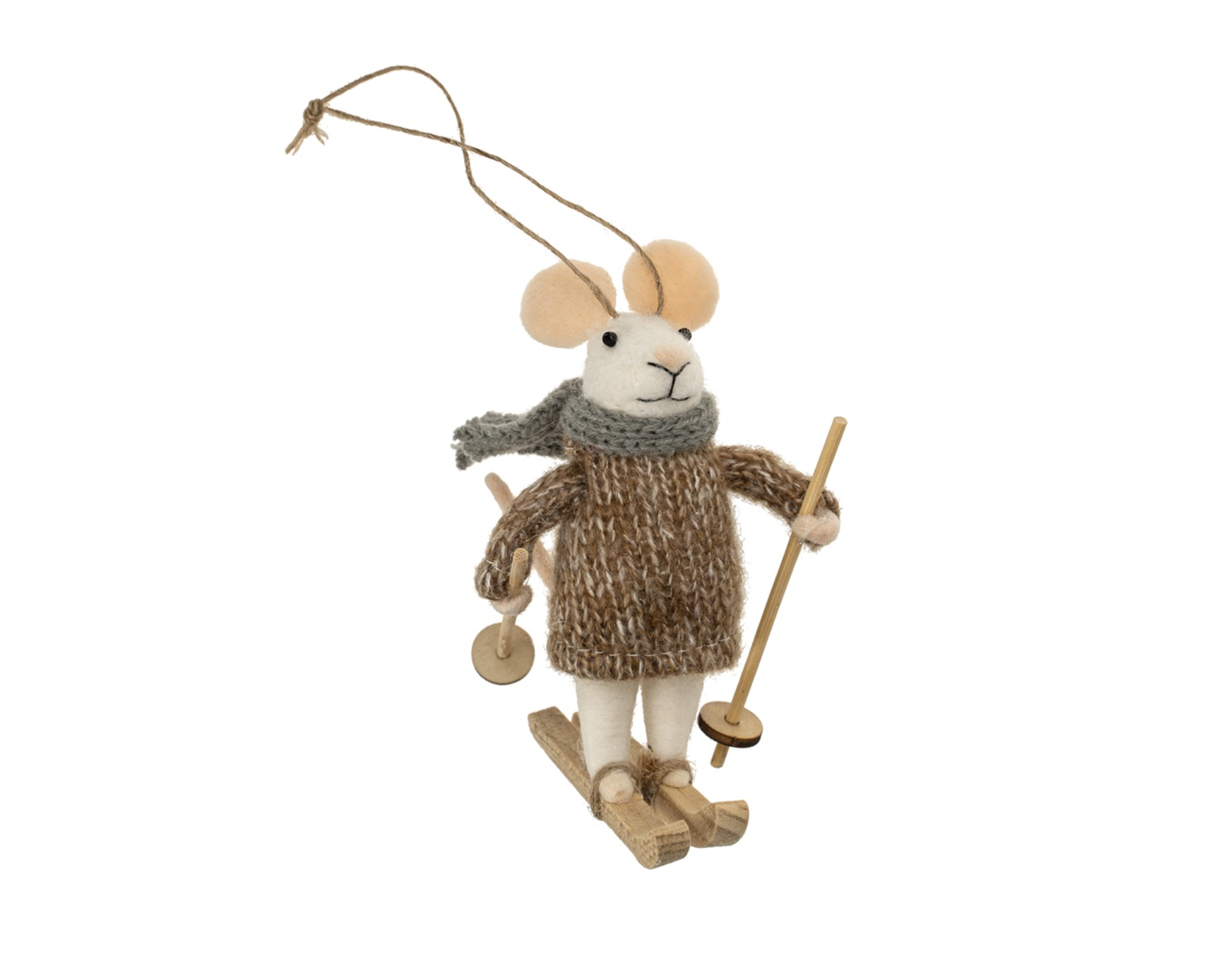 Indaba Off‑Piste Octavia Mouse Ornament – felted wool & polyester mouse wearing alpine ski outfit with skis, approximate 5″ tall. Available at Be Charmed