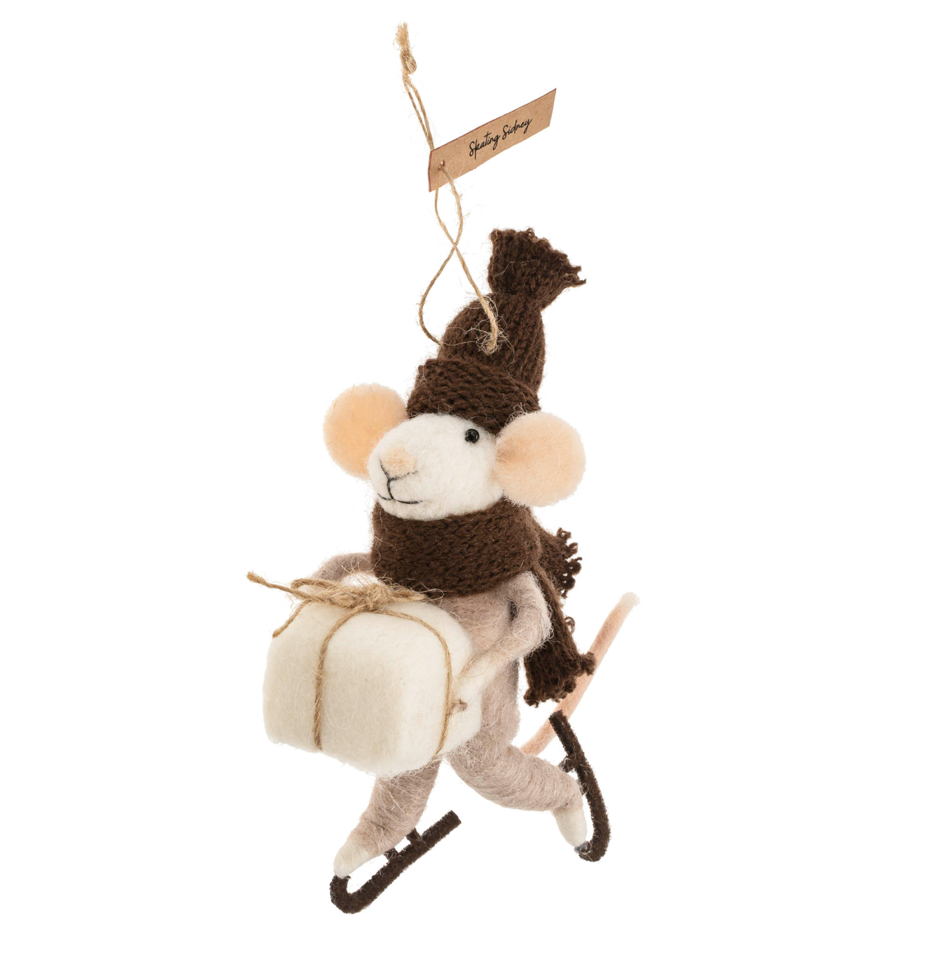 Indaba Skating Sidney Mouse Ornament – felted wool/polyester mouse wearing ice skates, plaid scarf, and skates. Hangs by wire tail. Approximately 5″ tall. Available at Be Charmed