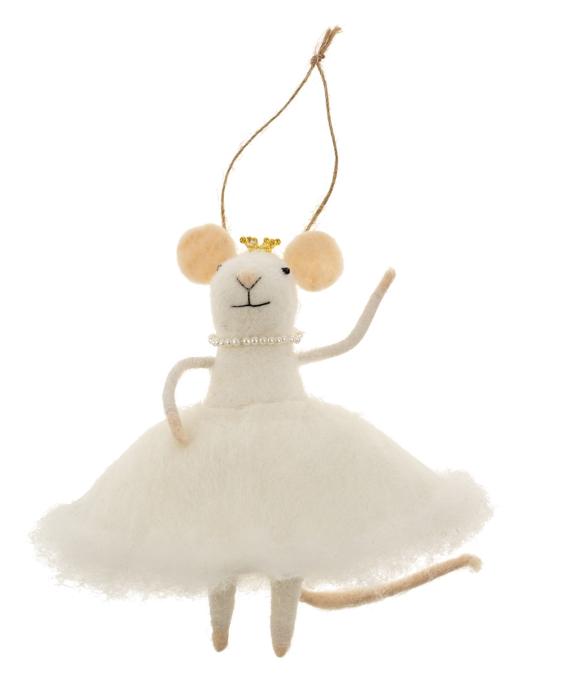  Indaba Snow Princess Mouse ornament in soft wool felt, wearing a glittery white dress and silver crown. A whimsical winter holiday decoration. Available at Be Charmed.